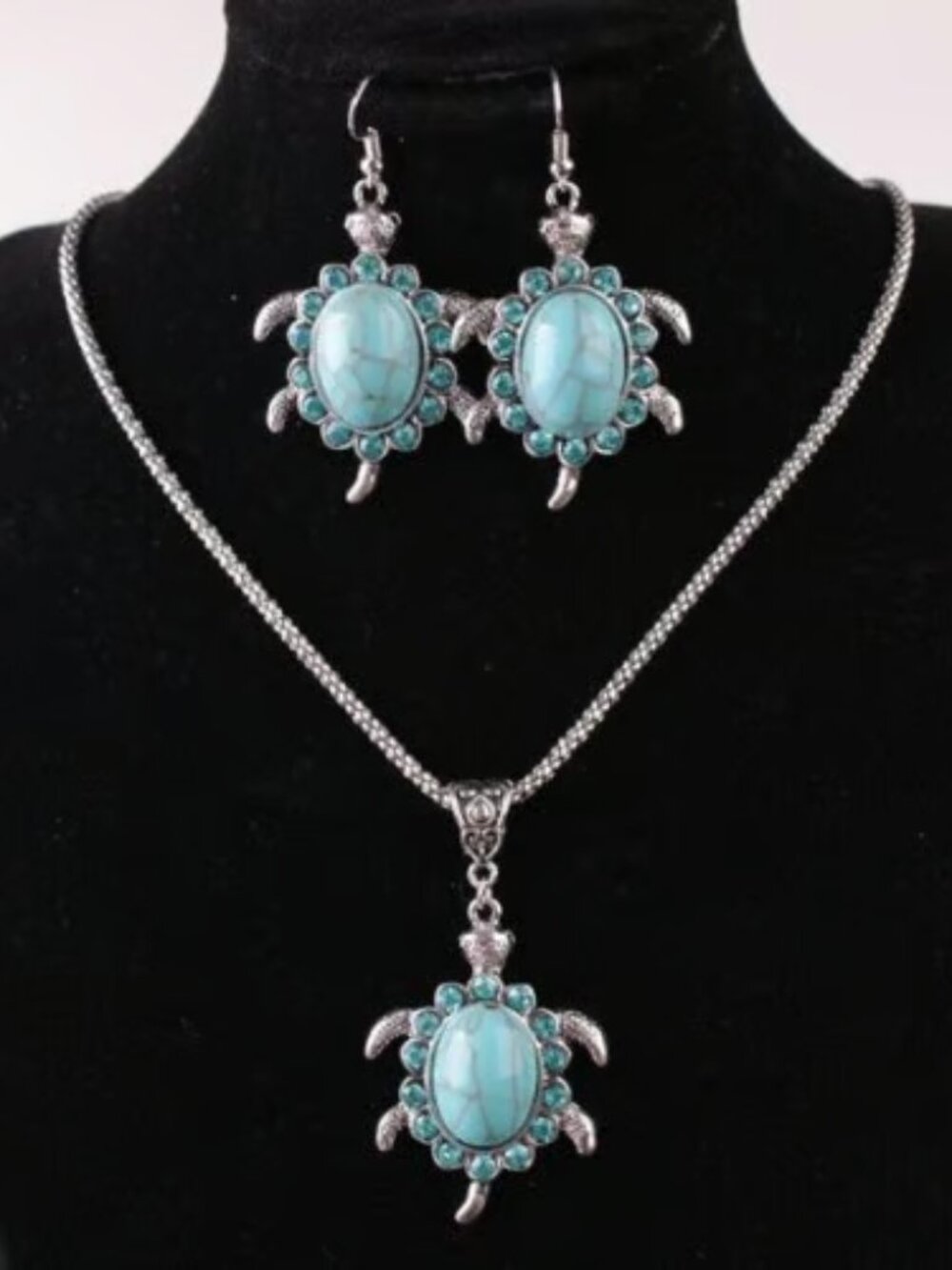 Silver Turquoise Rhinestone Sea Turtle Necklace & Earrings Set